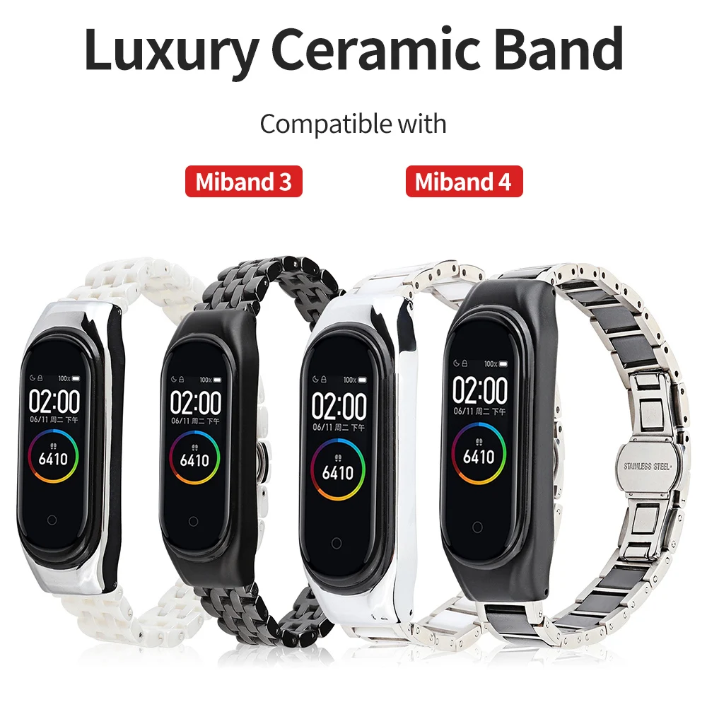 Luxury Ceramic Wistband for Xiaomi Mi Band 7 6 5 4 3 Watch Bracelet Replacement Strap for MIband Belt with Metal Bumper Frame