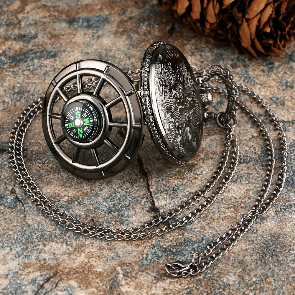 

Black Silver Quartz Pocket Watch Hollow Compass Clock Fashion Starry Sky Dial Steampunk Necklace Fob Pendant Watches Unisex Gift