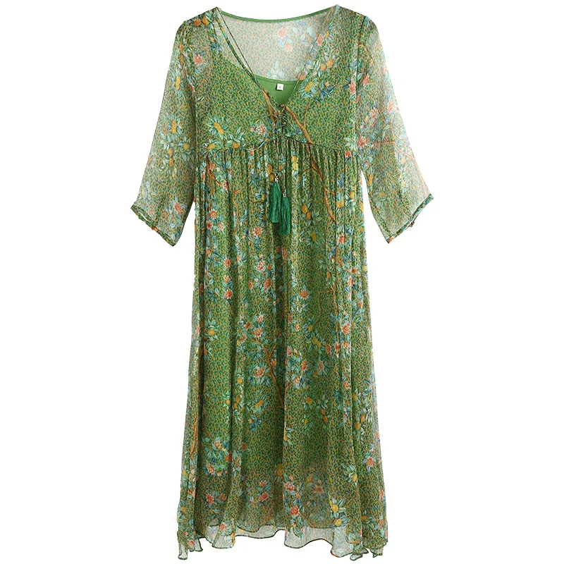 Летнее платье 100% из натурального шелка женская одежда бохо цветочные платья миди