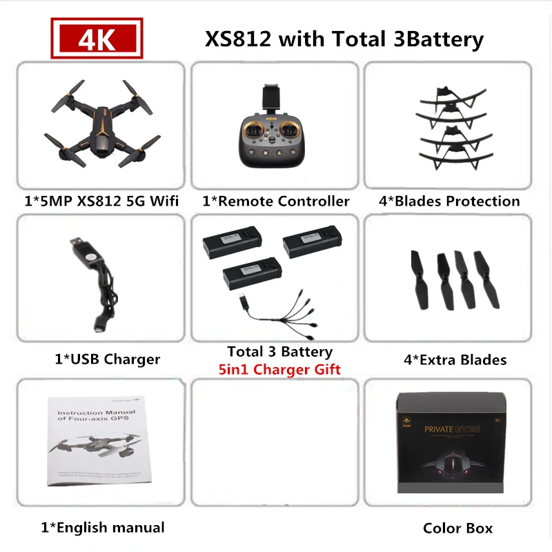 3 Color Box 4K VISUO XS812 Радиоуправляемый Дрон 4K gps Дроны с 5G WiFI FPV камера Вертолет следим за мной складной Квадрокоптер VS F11 SG906 - Цвет: 3 Color Box 4K
