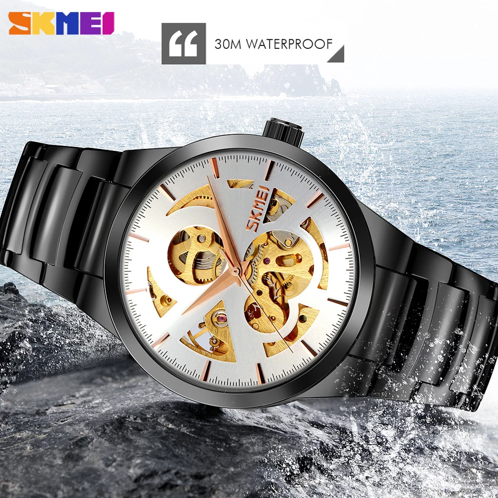 

New SKMEI Metal Automatic Watch For Mens Waterproof Stainless Steel Strap Skeleton Mechanical Wristwatch Male Gift Reloj Hombre