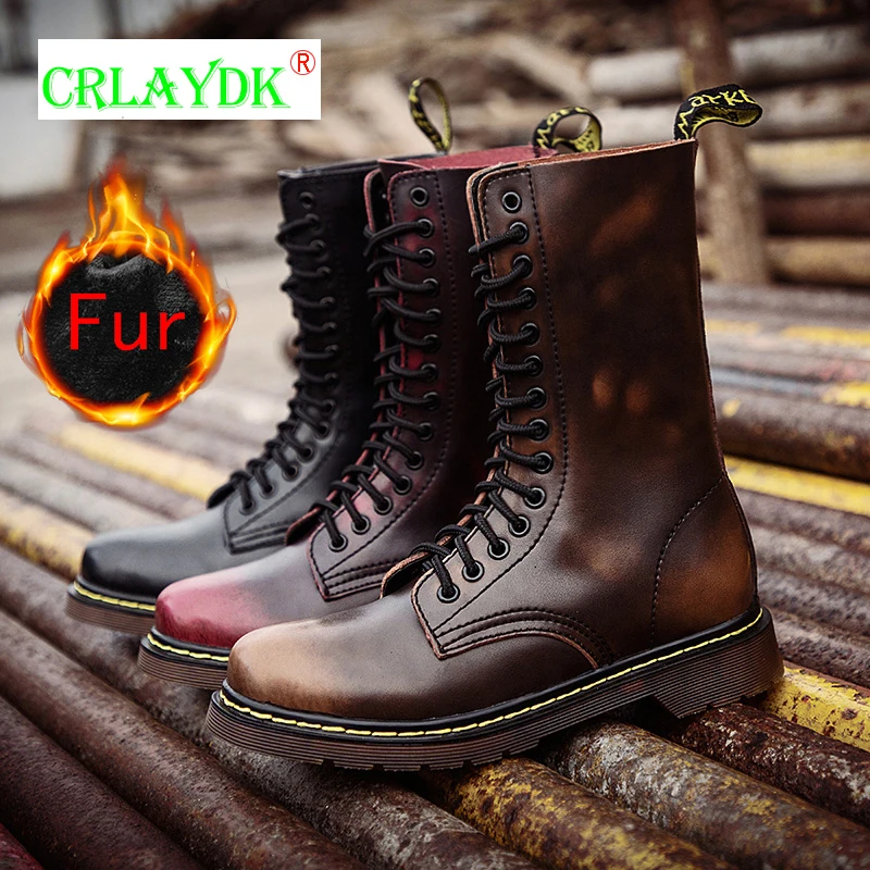 

Зимние мужские ботинки CRLAYDK с меховой подкладкой, изолированная обувь до середины икры, кожаные уличные военные водонепроницаемые теплые з...