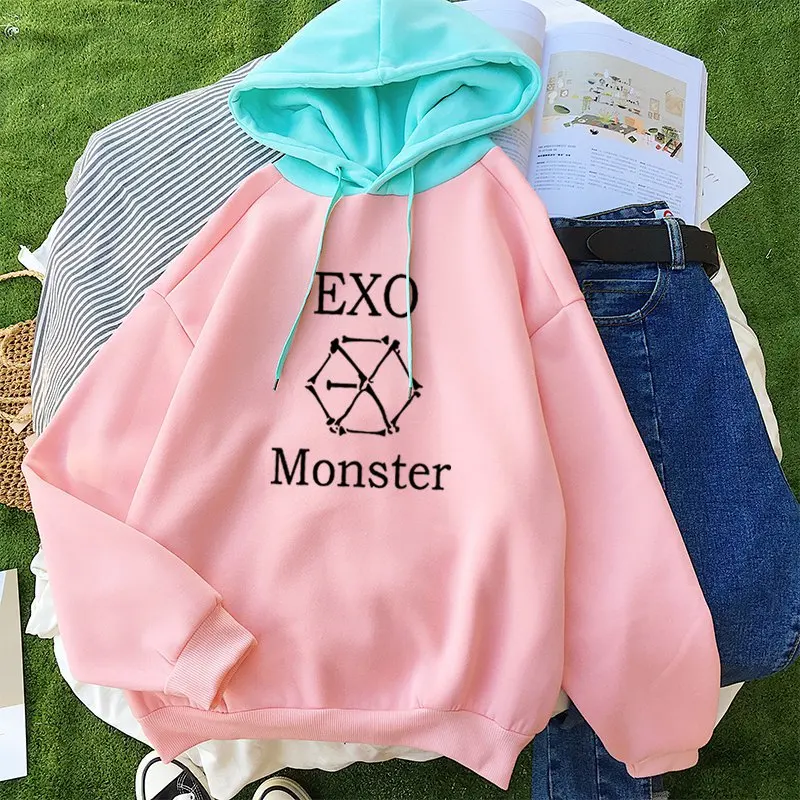 

kpop EXO 2020 new cotton Harajuku loose long sleeves pink hoodies female korean fashion Splices hooded sweatshirts women clothes