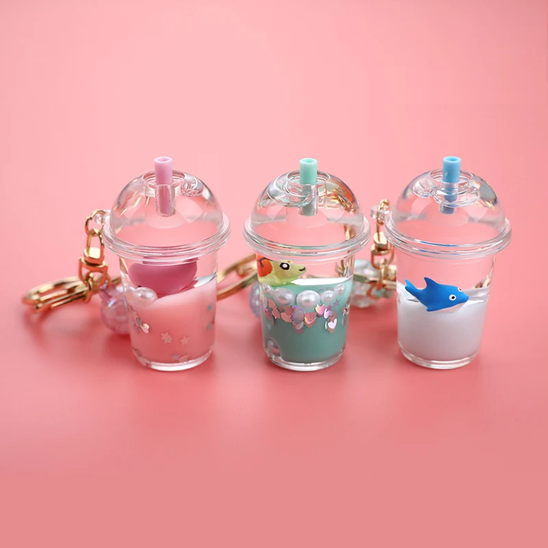 

Acrylic Milk Bottle Keyring Milk Tea Cup Keychain Marine Animal Liquid Floating Key Chains Charm Bag Pendant Car Key Ring