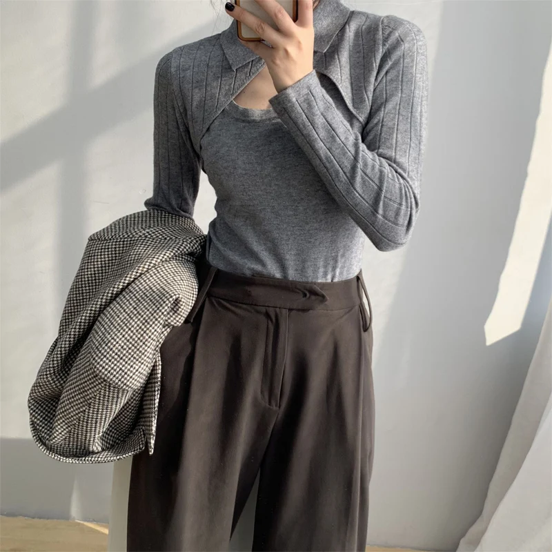 

Spring and autumn women's casual solid color lapel long sleeve fake two-piece slim sweater