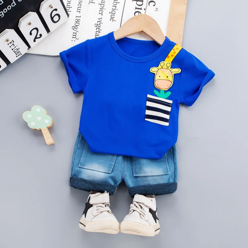 

Baby Boys Summer Short-sleeved Suit 2021 New Fashion Giraffe print short sleeve Korean Two-piece Boy Children's Tide Clothes