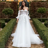 eightree white beach wedding dresses 2021 off the shoulder long sleeves applique dress sweetheart tulle a line bridal ball gown