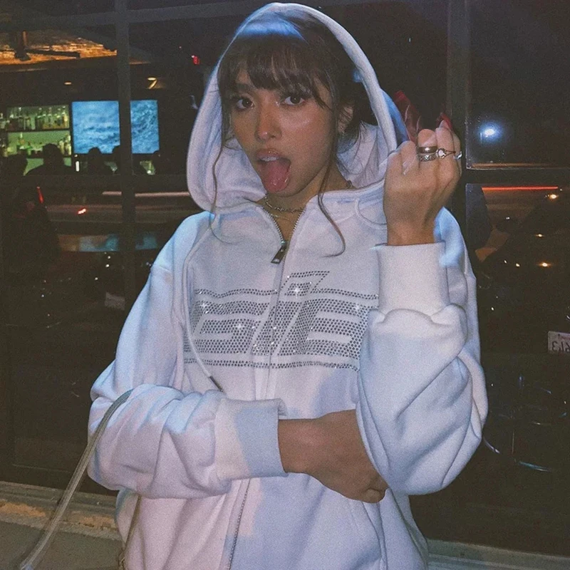 

New Rhinestone Letter Print Hoodies Women Long Sleeve Zipper Loose Oversized Casual Streetwear Y2K Sweatshirts Autumn Outfits