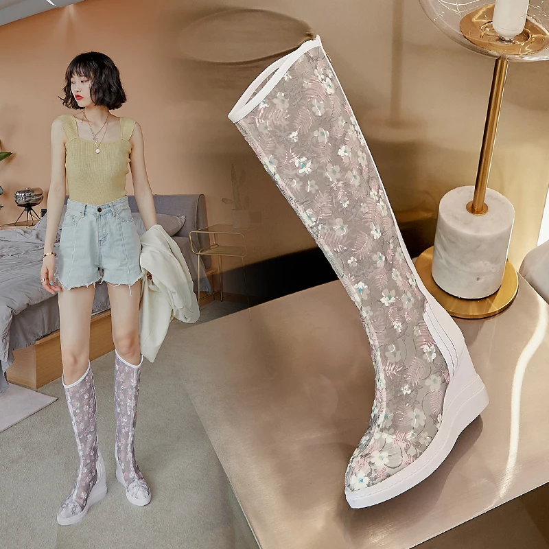 

Women knee high Boots Mesh Breathable SUMMER Boots wedges high heels platform Bottom Botas Feminina Bottes Femme