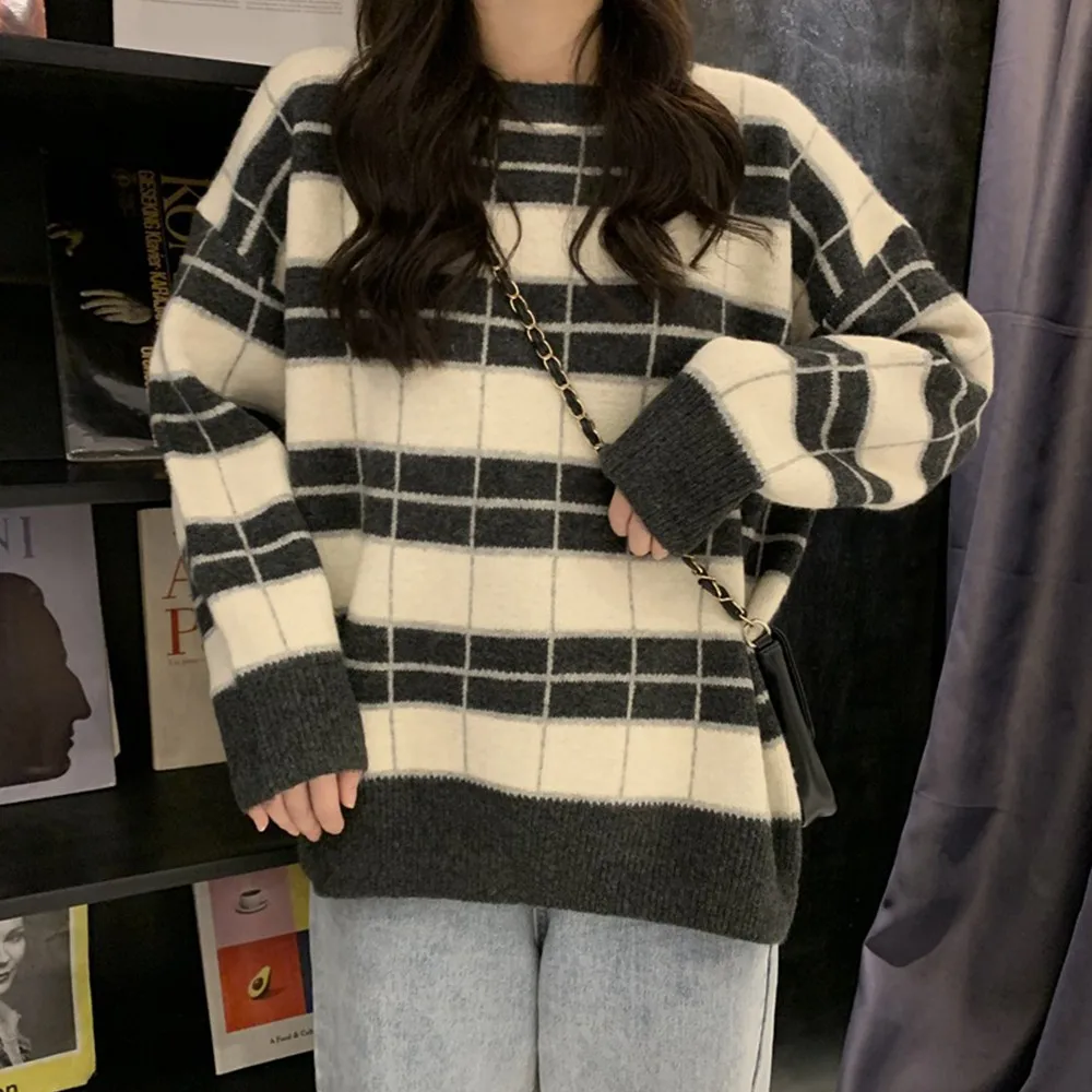 

Women Pullover Sweater Retro Plaid Long Sleeve Knit Jumpers Autumn Winter