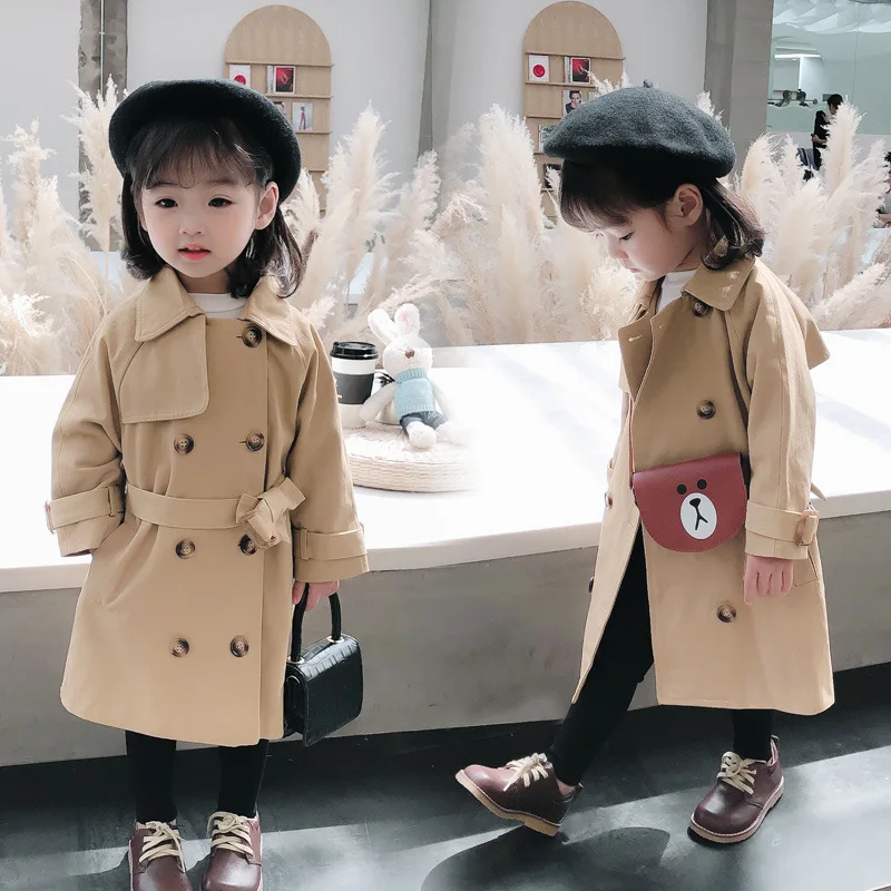 2020 girls' windbreaker middle and small children's autumn new double-breasted casual jacket mid-length coat children | Детская