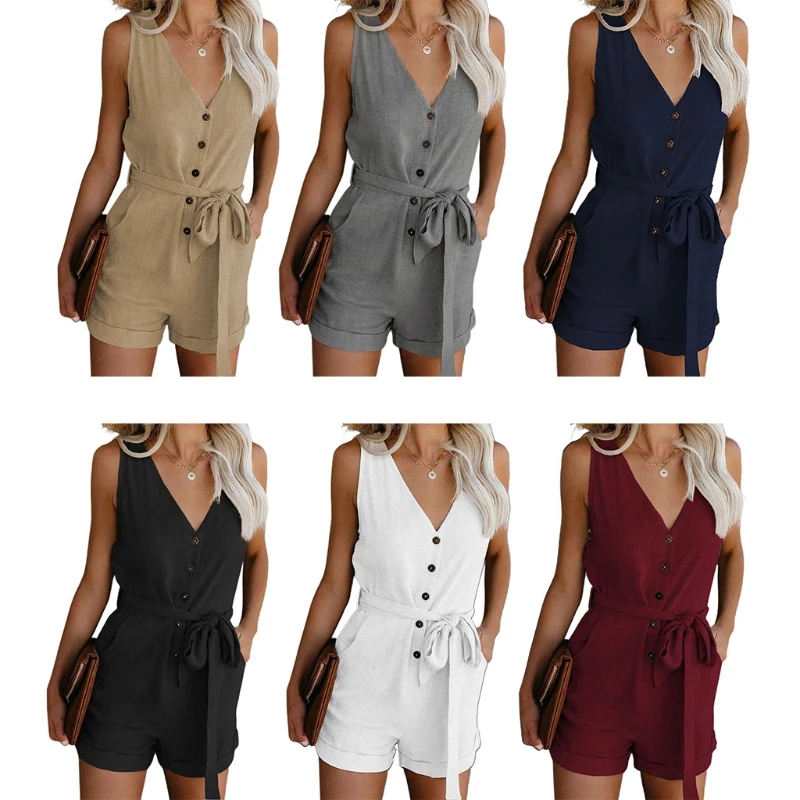 

Women Summer Sleeveless Shorts Jumpsuit Sexy V-Neck Buttons Wide Leg Solid Color Tie Waist Loose Rompers street fashion
