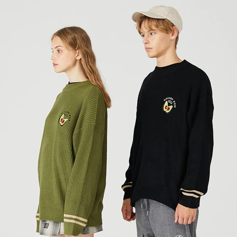 

Sweet Avocado Embroidery Loose Sweater Women Korean Solid O-Neck Knitted Pullover 2020 Winter Cute Femme Wram Sweater Couple