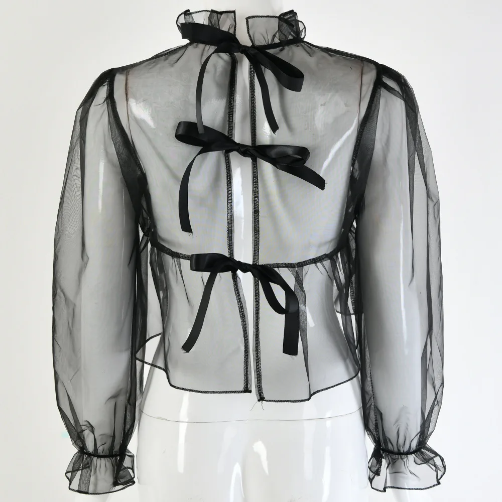 

2019 New Women Sheer Mesh Long Sleeve Turtle Neck See Through Crop Tops puff sleeve bandage Shirt autumn Blouse