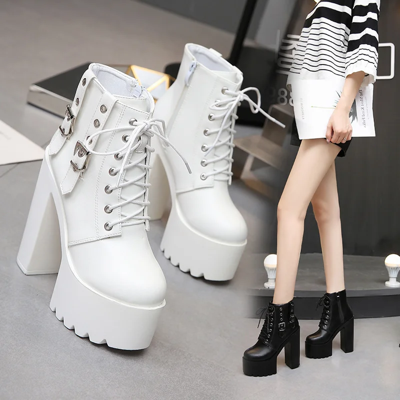 

waterproof white super high heel short boots muffin New 14cm platform lace up women's shoes show thick heel boots