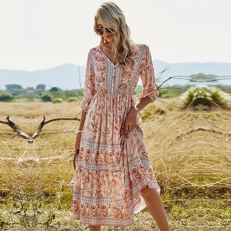 

2021 Spring New Bohemia Floral Dress Women Casual V Neck High Waist Half Sleeve Dress For Women Fashion Print Summer Long Dress