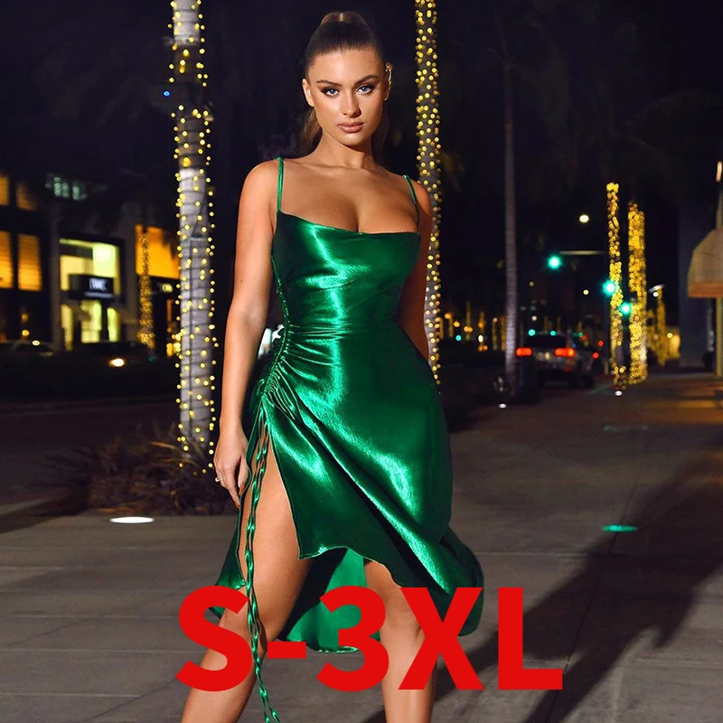 Атласная Разделение платье спагетти шелковое размера плюс платья для женское