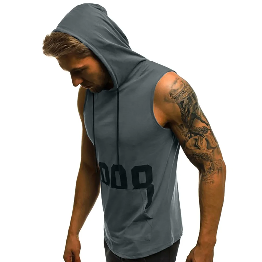 

Womail Tank Top Men's clothing gym clothing top Men Fitness Muscle Print Sleeveless Hooded Bodybuilding Pocket Tight-drying Tops