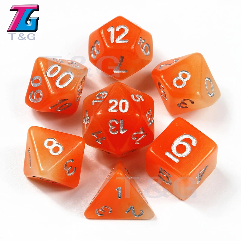Mix-Цвет 7 шт./компл. T& G светятся в темноте игра в кости, фиолетовый цвет смолы кости D4 D6 D8 D10 D10% D12 D20 с мешком для ролевой игры DND Настольная игра - Цвет: Orange