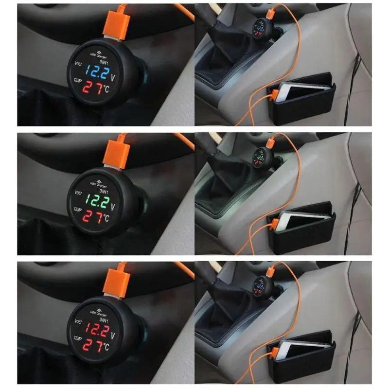 VODOOL 3 in 1 12/24V Car Auto LED Digital Voltmeter Gauge Thermometer Monitor Display USB Charging Charger For Phone Tablet GPS |