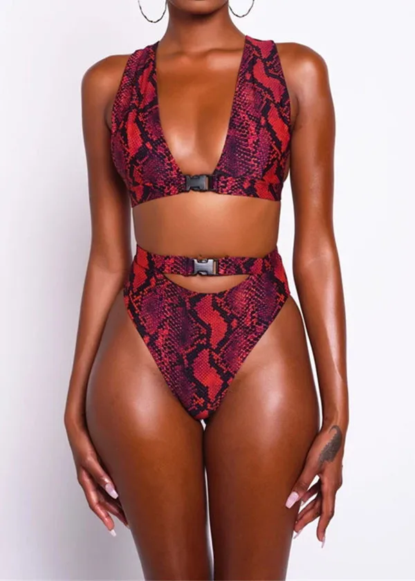 Женское пикантное бикини со змеиным принтом купальник с высокой талией вырезами