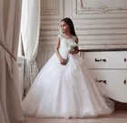 Бежевое Пышное Платье с цветочным принтом для девочек, украшенное бисером, Тюлевое платье с прозрачным вырезом для детской свадебной вечеринки, платье для первого причастия