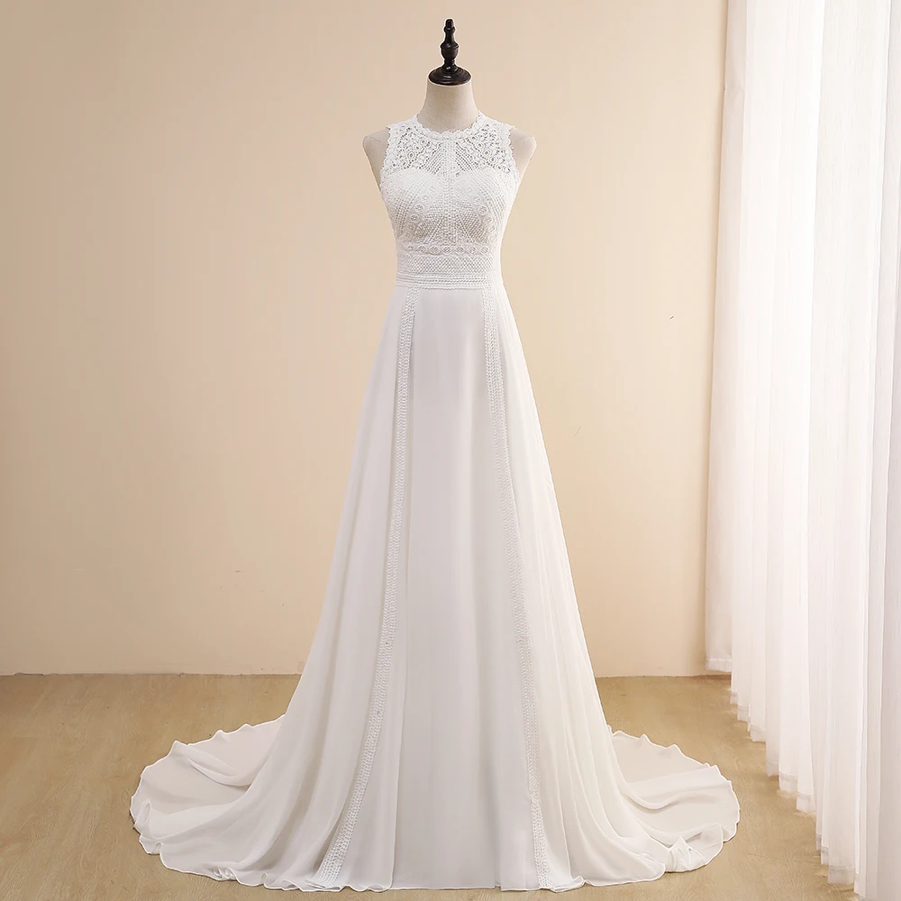 

Jiayigong Beach Wedding Dress Lace Boho Bride Dresses Sexy O Neck Sleeveless Wedding Gown Custom Made Vestidos de novia