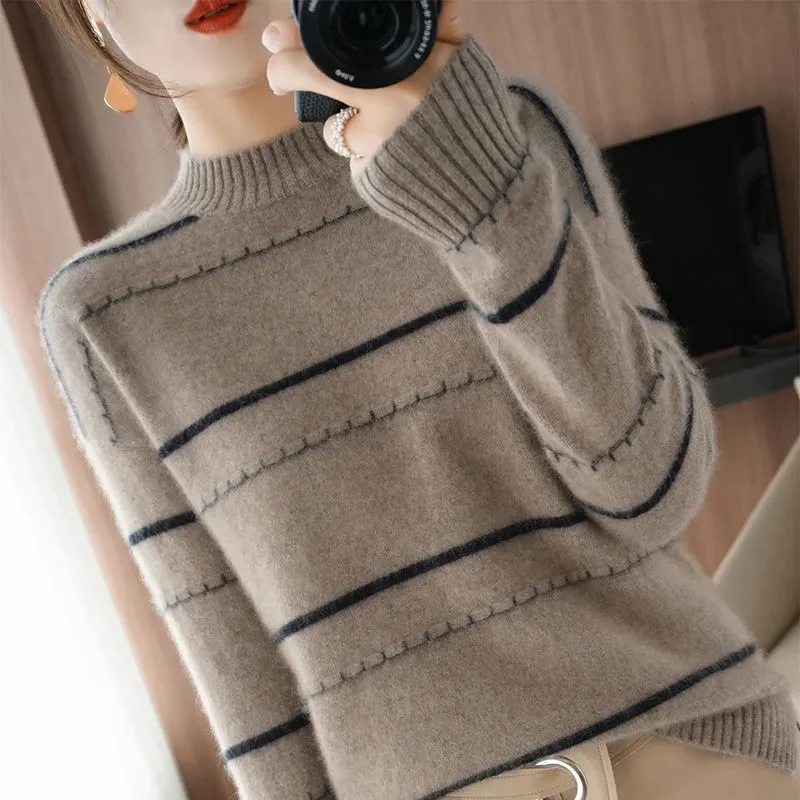 

Spring/Autumn Women's Sweater New Fashion Casual Long Sleeve Mock Neck Stripe Slim Stretch Cotton Pullover Top Houthion