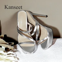 kanseet womens slippers summer 2021 platform elegant sexy super high heels green gold silver genuine leather female shoes