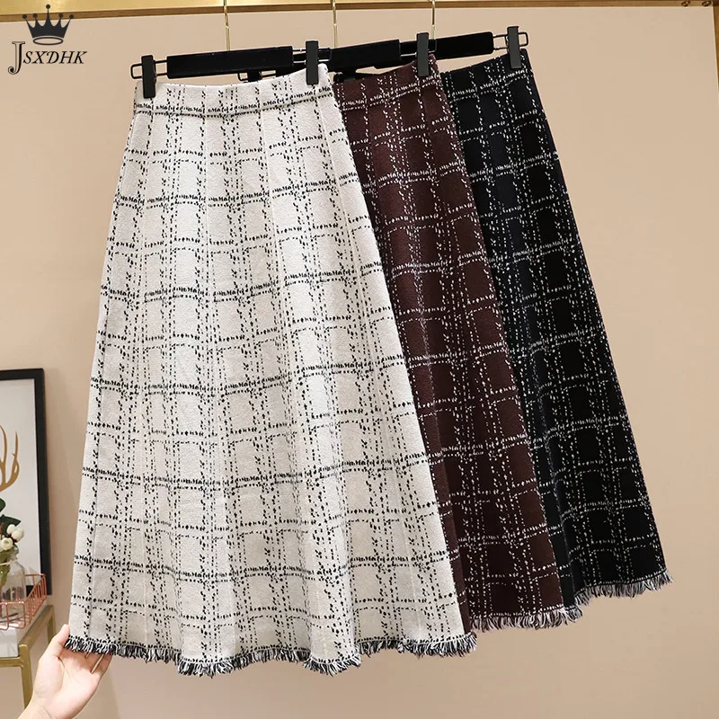 

2021 Autumn Winter Knitted Skirt High Quality Women Fashion Casual Elastic High Waist Plaid Tassel Skirt Lady Sweater Midi Skirt