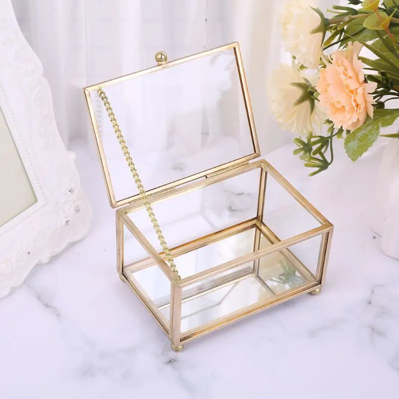 

Rustic Wedding Ring Box Geometric Transparent Glass Jewelry Display Storage Hold QXNA
