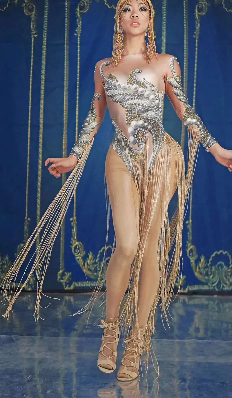 

New fashion Women Gold Fringes Costume Leotard female singer DJ Nightclub show Tassel Bodysuit Stage Performance hot sale