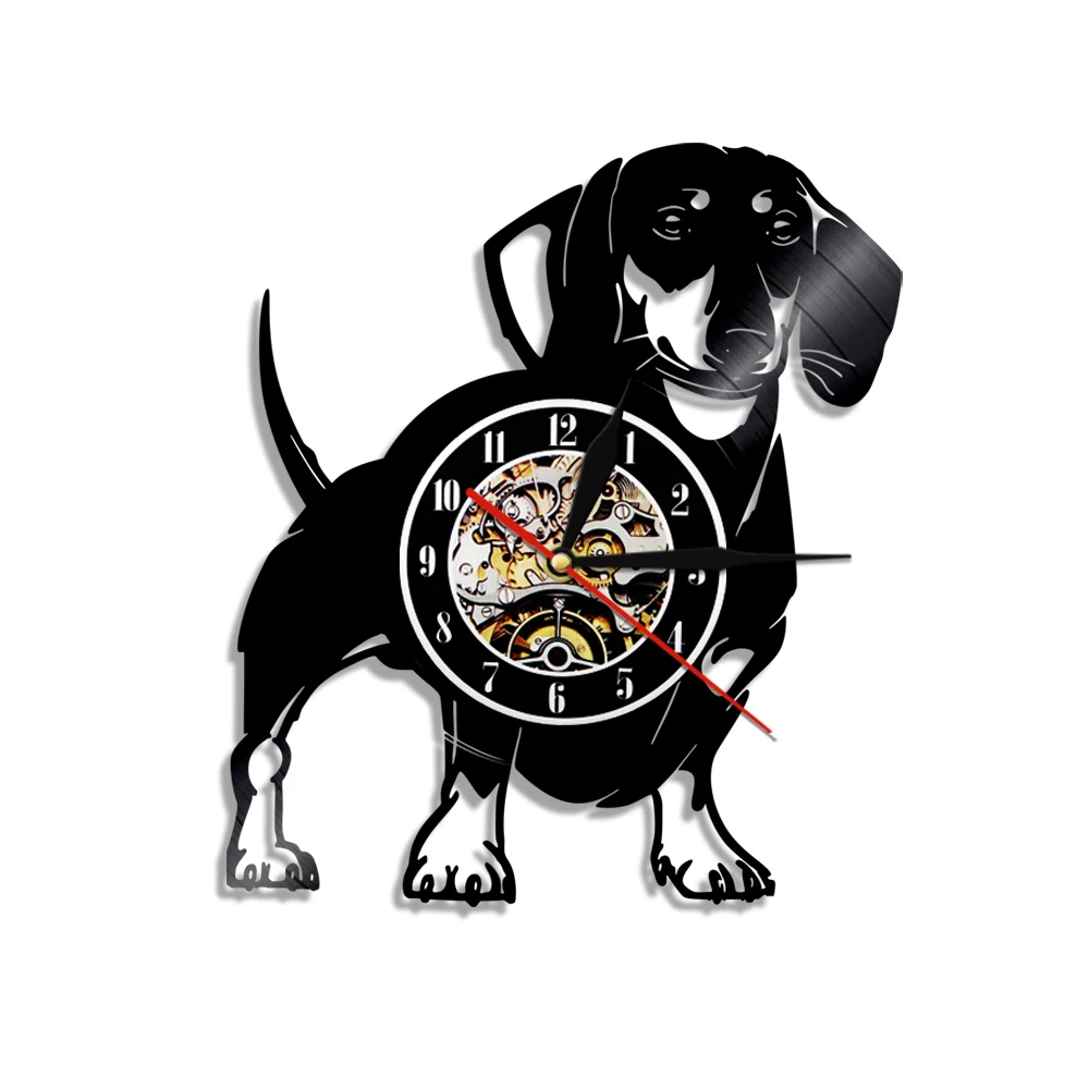 Wiener-Reloj de pared con grabación de vinilo para perro, accesorio con diseño de perro salchicha, Animal, mascota, Pug, cachorro, arte de pared, regalo para amantes de los perros