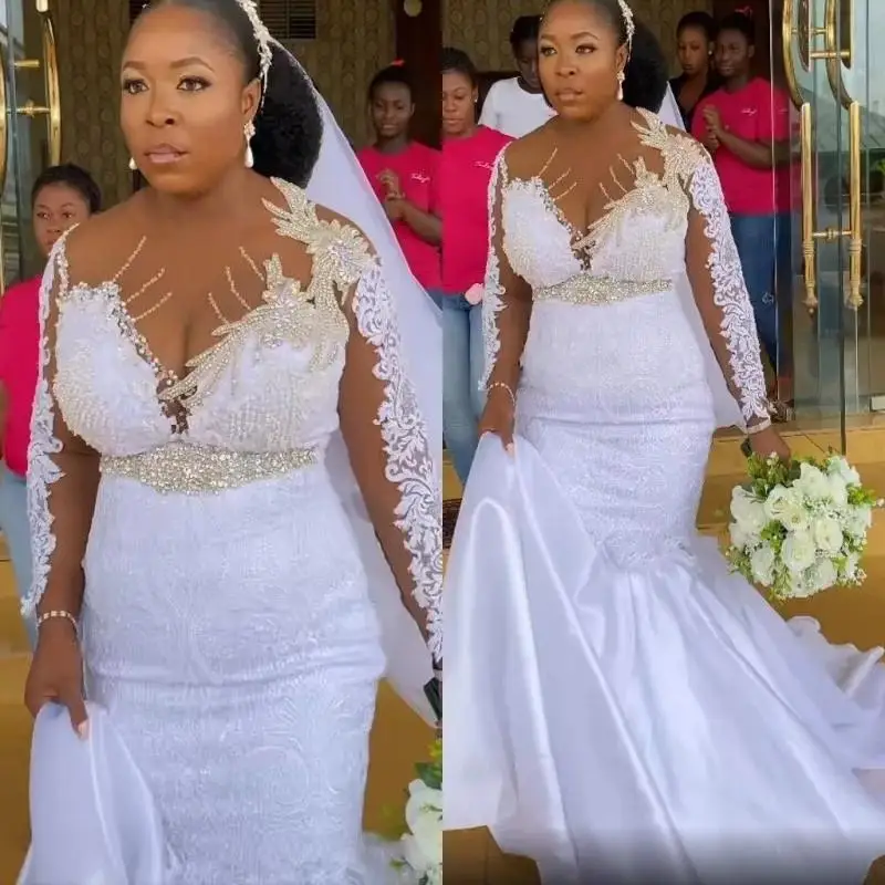 

Plus Size Luxurious Mermaid Wedding Gowns Sheer Neck Beaded Custom Made Arabic Aso Ebi Sparkly Sequins Bridal Dresses