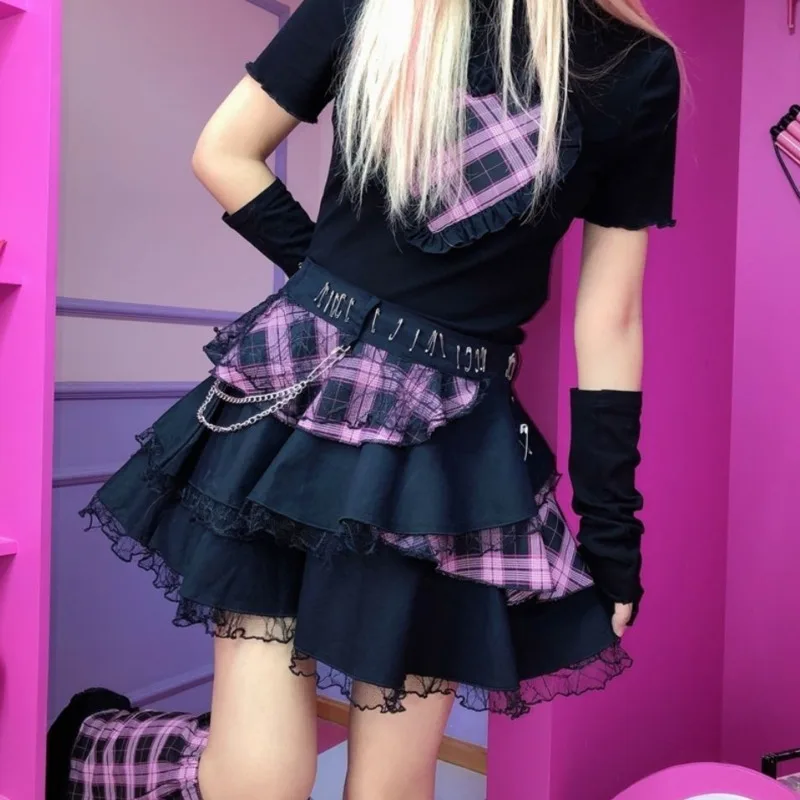 Pink Black Plaid Lace skirts Womens Girls Y2K Summer Vintage Crop Streetwear Cute Mini Pleated skirt Gothic Hippie Kawaii goth