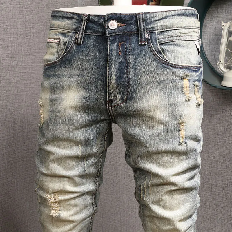 European Vintage Fashion Men Jeans Retro Yellow Distressed Wash Elastic Slim Fit Ripped Jeans Men Designer Casual Denim Pants