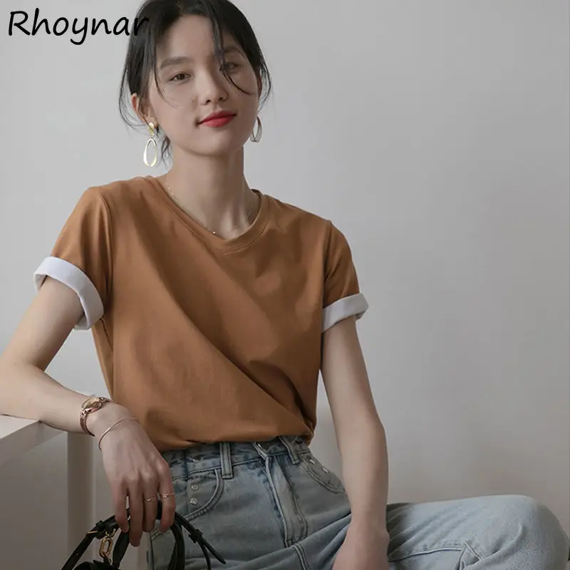 

T-shirts Women Solid Pure V-neck Short Sleeve Fashion Design Basic All-match Loose Inside Elegant Office Lady Casual Clothes Ins