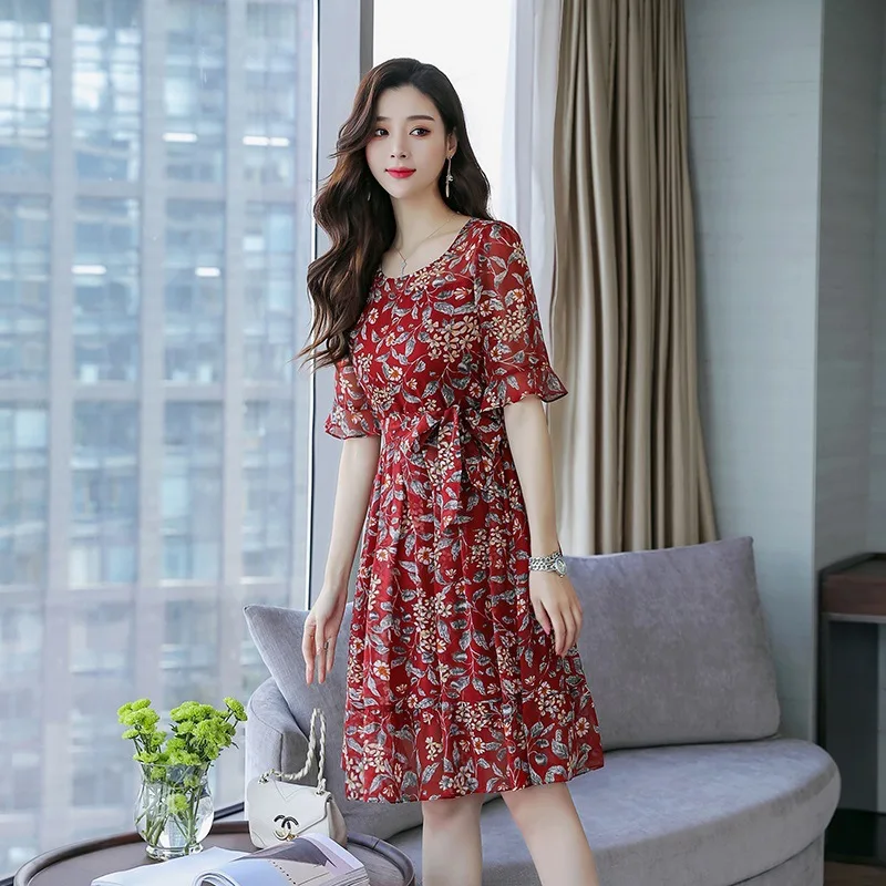 Floral silk dress women's middle length new summer mid sleeve slim dress