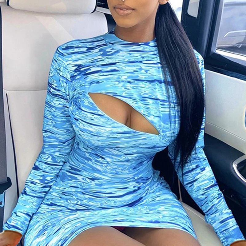 

Sexy Tight Dress Long Sleeve Casual Hollow Out Dress For Women Fashion Printed Mini Dress Ladies Vestidos