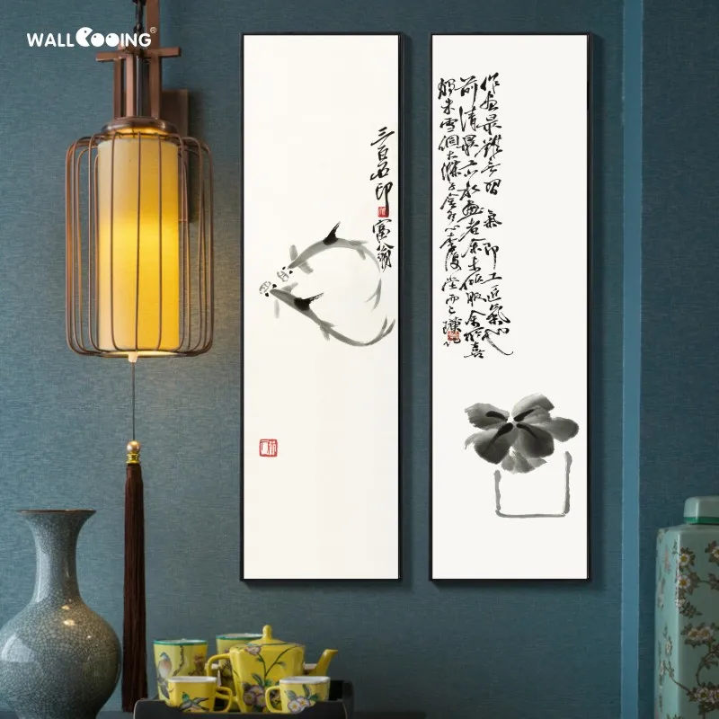 

Chinese style canvas painting ink art combination decorative painting Chinese painter Qi Baishi large-scale vertical art mural