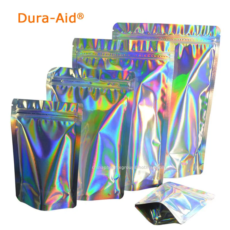 

Holographic Laser Pouches Stand Up Zipper Foil Food Storage Food Save For Cosmetic Leak Proof Small Gift Bag 100 Pcs