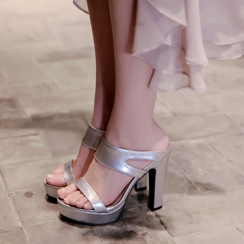 XJRHXJR Plus Size33-43 Open Toe Platform Shoes Summer Slippers Woman 2020 Patent Leather Slides Women High Heels Ladies | Обувь