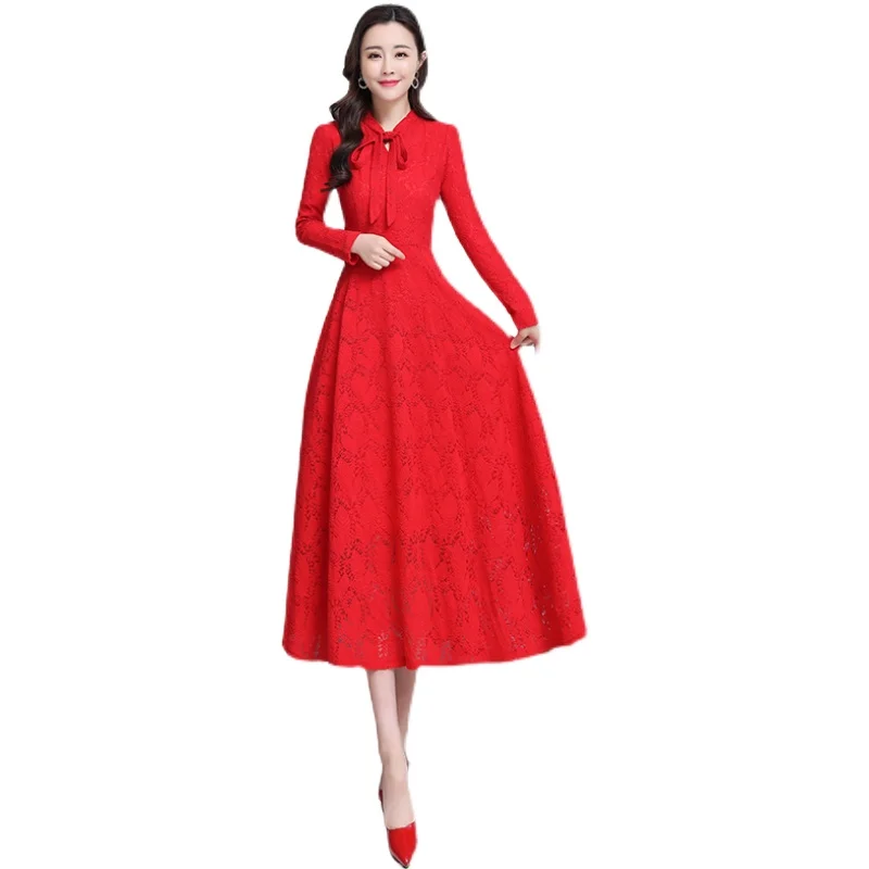 

Real Shot 2021 Spring Autumn High Waist Slim Fashion Temperament Red Lace Dress Bow Tie Womens Cltohing Pink Black