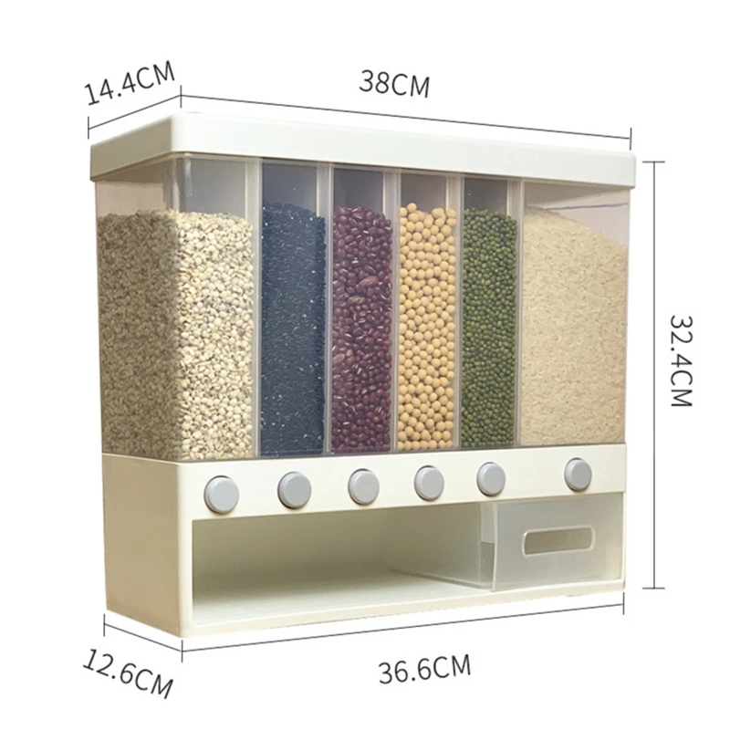 

Wall Mounted Food Dispenser,Whole Grains Rice Bucket,Large Capacity 6-Grid Storage Dry Food Dispenser, Dry Food Fruit