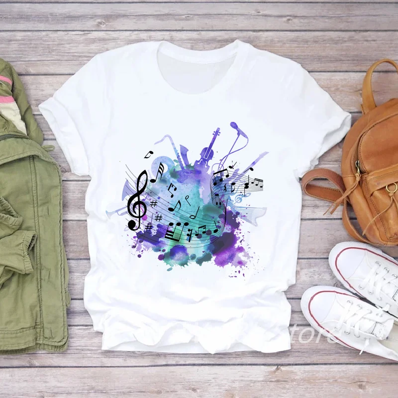 

Fashion Harajuku Musical Note Printed T-Shirt Women Short Sleeve O-neck Ladies Tops Funny Graphic Basic Tees Shirt Female Tshirt