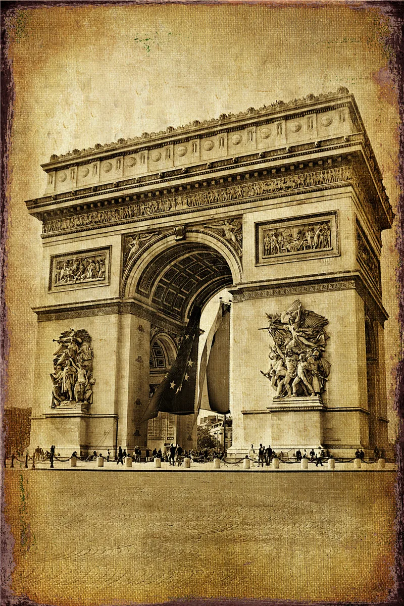

France Paris Tin Sign Tourist Attraction Vintage Metal Plate Eiffel Arc De Triomphe Indoor Party Signs Garden Decoration Retro