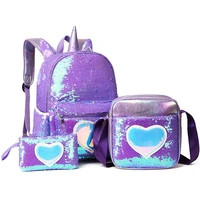 3pcsset sequins unicorn backpack fashion girl glitter school book bag girls cute hologram laser pu leather travel backpacks