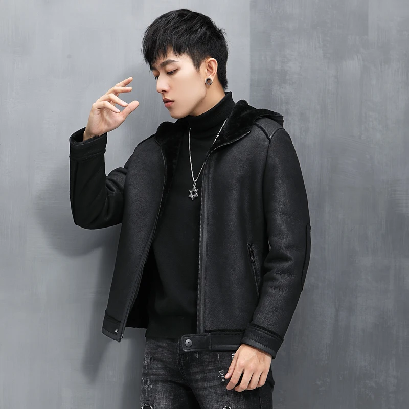 

2021 Высококачественная куртка из натуральной овечьей кожи, зимнее теплое пальто с капюшоном и подкладкой из 100% натуральной шерсти, Мужская о...