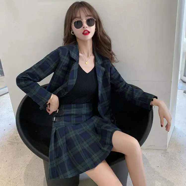 

Academic Atmosphere Women Spring Plaid Blazer Set Single-breasted Jacket Mini Skir 2 Pieces Skirt Suit Female Office Ladies Suit