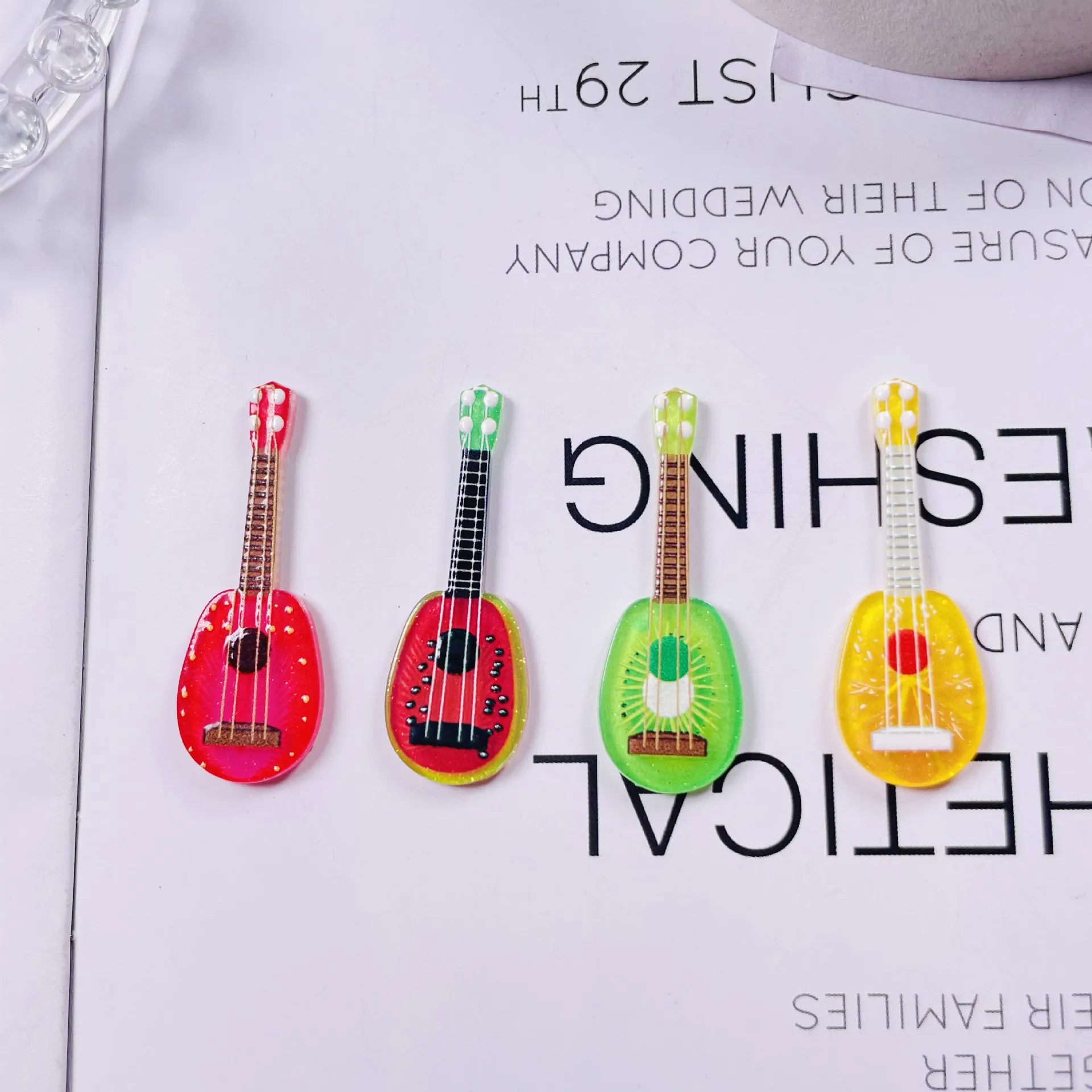 

5Pcs Acrylic Summer Fruit Guitar Flatback Kawaii Cabochon Embellishments For Scrapbooking Phone Case Decoration Accessories